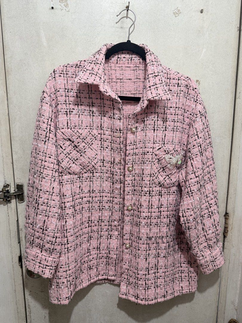 Pink Tweed Jacket and Shorts Set Coords (Category: Sets or Coordinates) located in Quezon City. Submitted by katrineang (Listing ID 1442110622, Image 2). Description: Small on tag pero oversize style ang blazer with konting himulmol sa likod as shown in photo (bought it like that already :( Shorts is also size small best fits 26-27 waist. 500 only for the set..