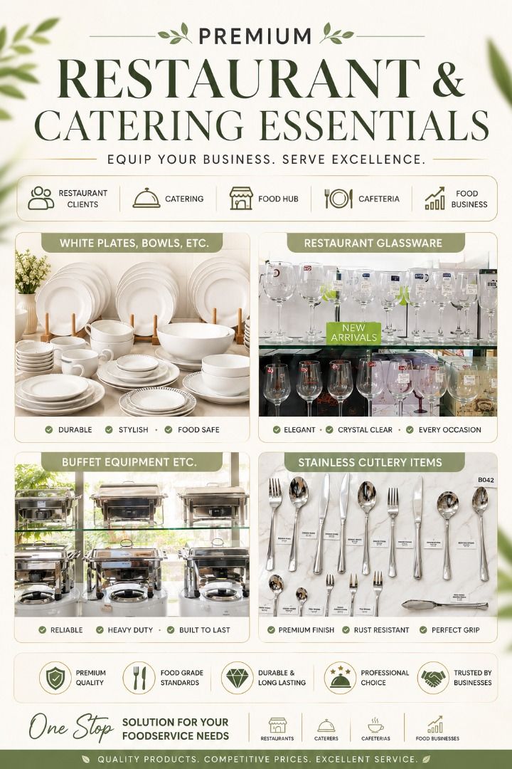 Premium restaurant & catering essentials (Category: Dinnerware & Cutlery) located in Manila. Submitted by cartelcomnl (Listing ID 1441997068, Image 1). Description: Premium restaurant & catering essentials! Complete set of plates, bowls, glassware, stainless cutlery, at buffet equipment. Pang-professional use, durable, at stylish. Perfect for restaurants, catering, and foodservice businesses. pm for complete pricelist 🙂.