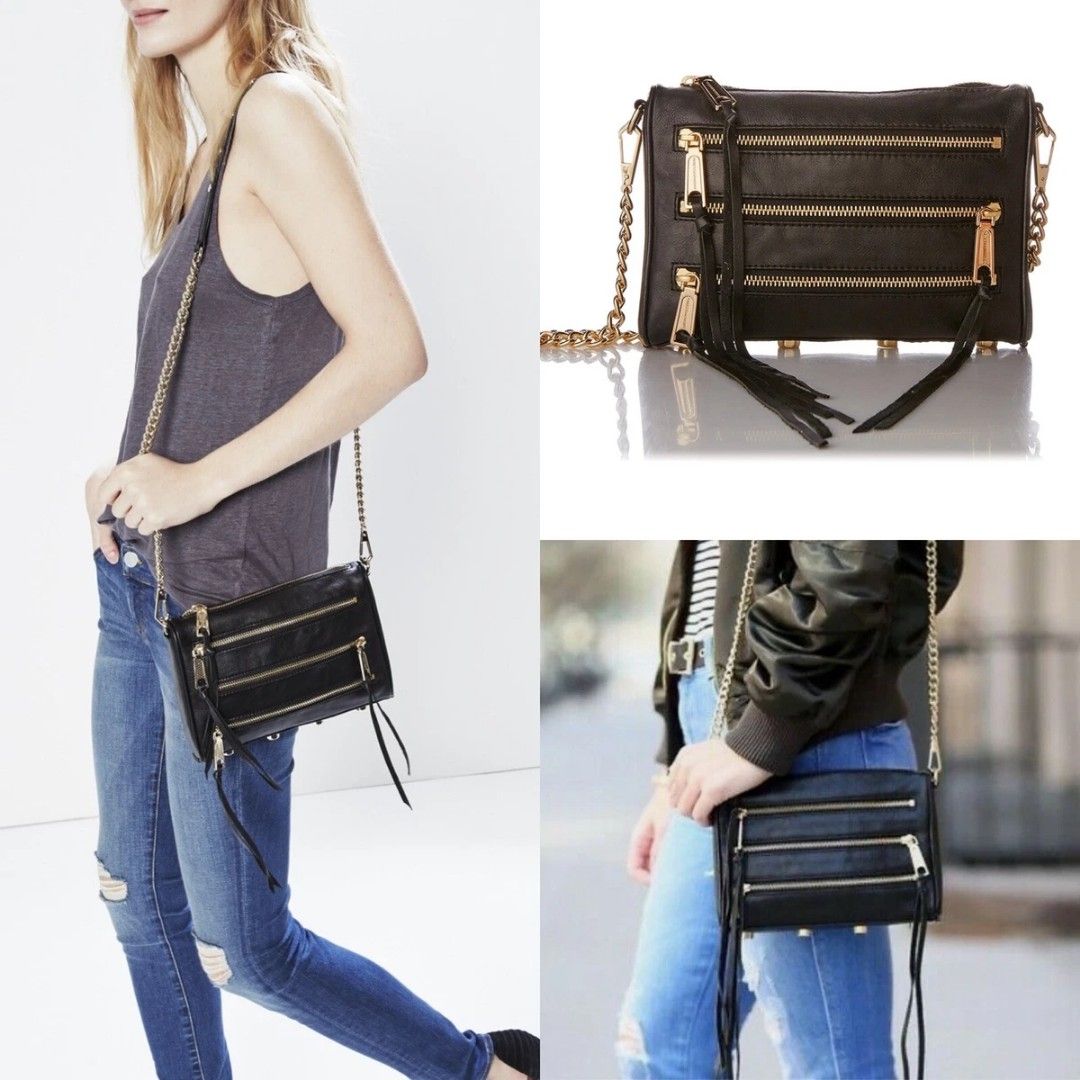 Rebecca Minkoff Black Leather Crossbody Bag (Category: Cross-body Bags) located in Pasig City. Submitted by healthnfeshn (Listing ID 1442052077, Image 2). Description: - Genuine black leather crossbody bag - Multiple zippered pockets on the front for easy access - Elegant silver hardware and chain strap - Decorative leather tassels on zippers - Ideal for everyday use and errands.