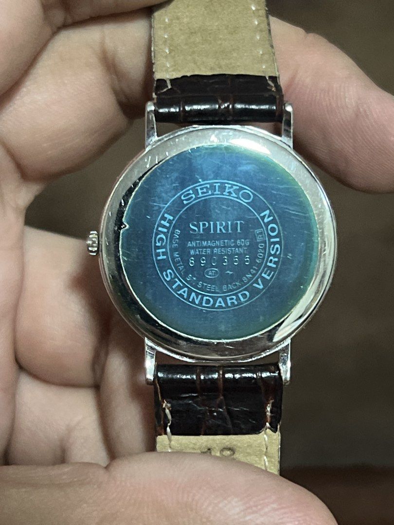 Seiko Spirit High Standard Version quartz watch (Category: Men's Watches) located in Paranaque City. Submitted by decluttering1990 (Listing ID 1442069273, Image 2). Description: Php 8,000 Negotiable for sure buyers New battery and replacement strap and buckle Has a chip at 10 o clock; caseback sticker still intact Works well.