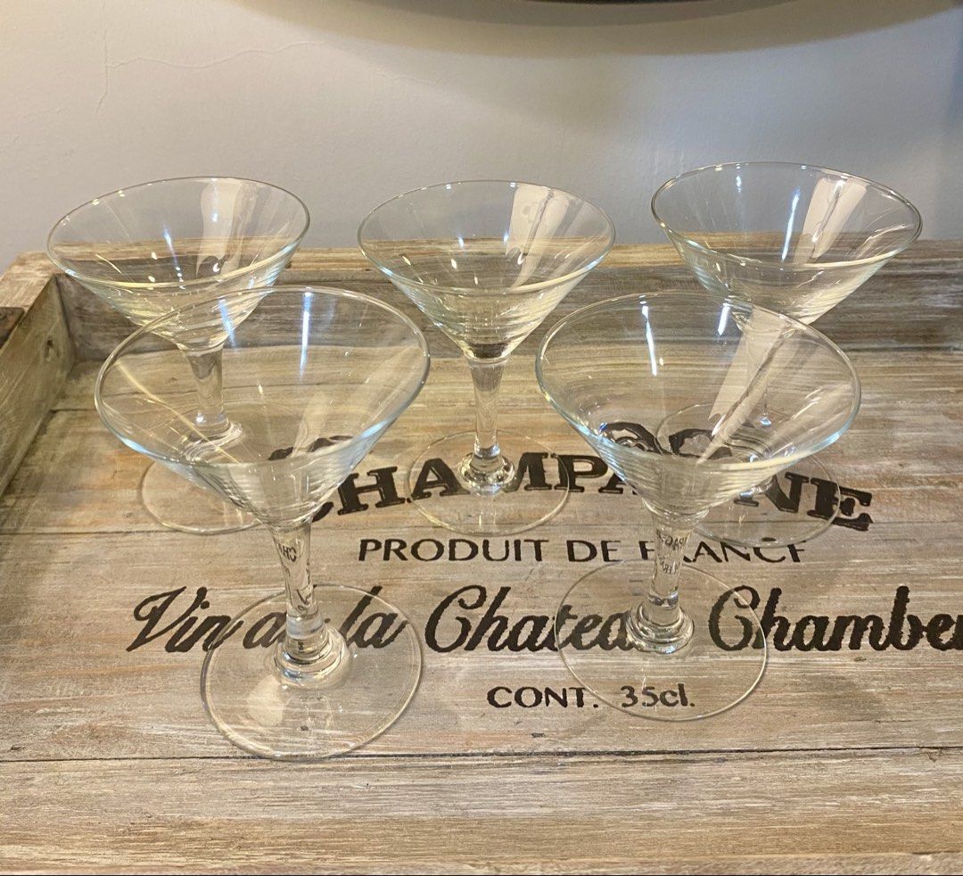 Set of 5 Clear Mini Martini Glasses (Category: Other Kitchenware & Tableware) located in Quezon City. Submitted by melissa8889 (Listing ID 1442116367, Image 2). Description: Vintage Mini Martini/Wine Glasses - set of 5 pcs - unused - no box - in excellent like-new condition - no issues - Capacity: 30-40 ml - dimensions: 3.75(H) x 3(diameter) inches (3 pcs) 4(H) x 3(diameter) inches (2 pcs) Price: 400 MOP: GCash or BPI deposit Shipping c/o buyer L