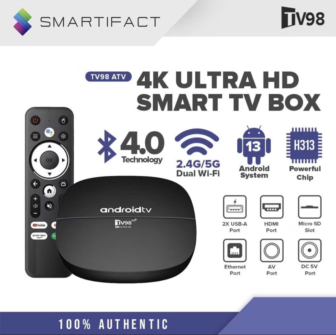 Smartifact TV98 ATV 4K Ultra HD Android TV Box (Category: TV) located in Manila. Submitted by silentforest_6e6894 (Listing ID 1442152629, Image 3). Description: - Smartifact TV98 ATV Box - Runs on Android 13 - Supports 4K Ultra HD streaming - Dual-band Wi-Fi (2.4G/5G) for stable connection - Bluetooth 4.0 for accessories - Connectivity: USB, HDMI, Ethernet, AV, Micro SD slot - Includes remote control and power adapter - Ideal for upgrading your T