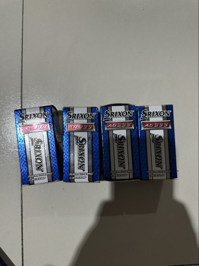 Srixon AD333 Golf Balls (4 Boxes) (Category: Golf) located in Quezon City. Submitted by treasuremartph (Listing ID 1442077450, Image 1). Description: - Four boxes of Srixon AD333 golf balls - "Play a Better Ball" by Dunlop - Designed for distance and control - Conforms with USGA and R&A rules.
