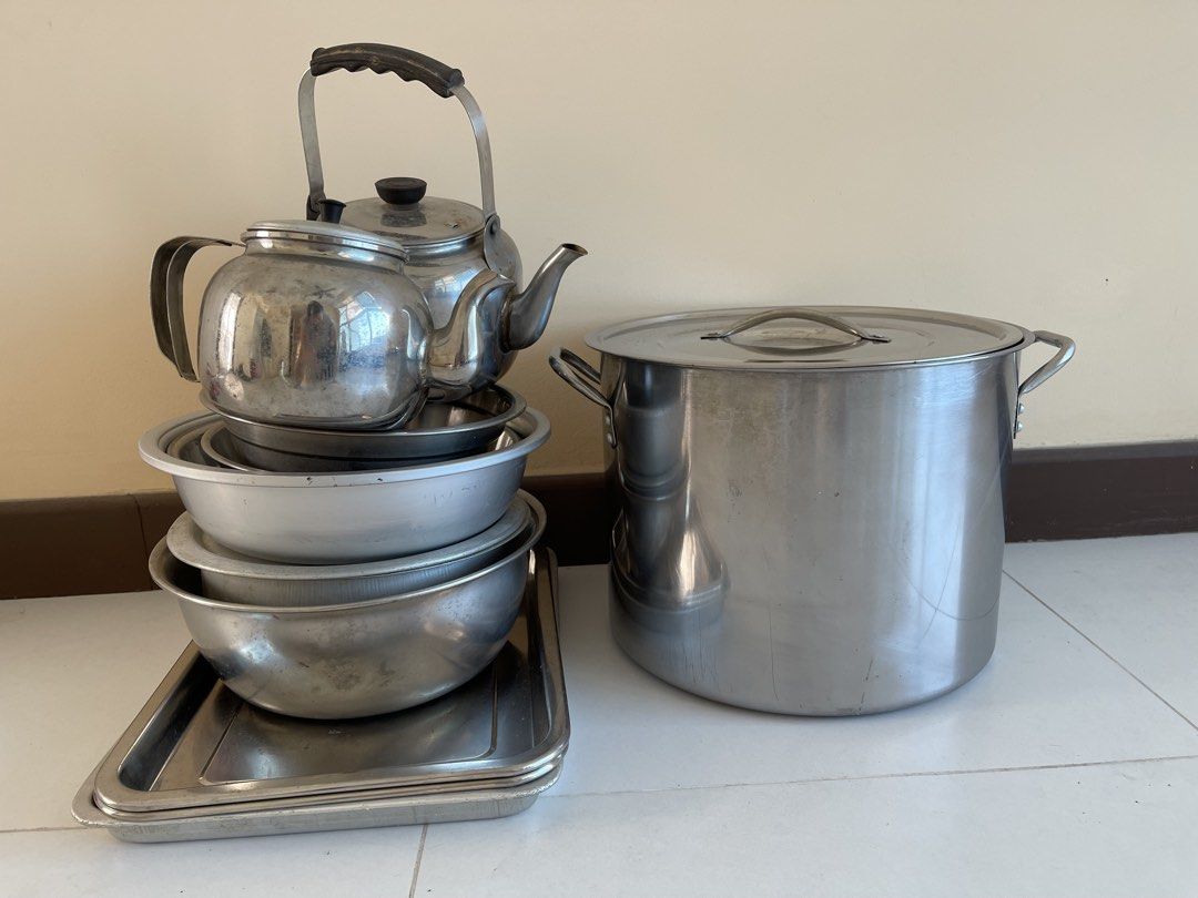 Stainless Steel Pots, Kettle, Bowls, and Tray