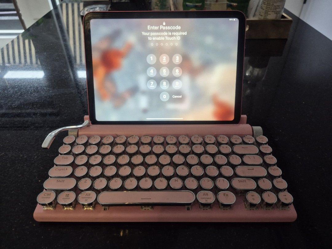Taiahiro Retro Mechanical Bluetooth Keyboard Pink Typewriter Style (Category: Computer Keyboard) located in Taguig. Submitted by firesale123 (Listing ID 1442026715, Image 2). Description: - Charming pink retro mechanical keyboard - Unique typewriter-style keys - Seamless Bluetooth connectivity - Perfect for iPads and tablets - Built-in device stand for convenience - Sold as is.