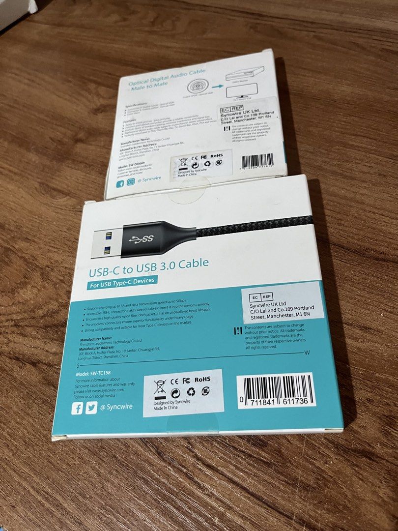 Take 2 Syncwire Optical Digital Audio Cable & USB-C to USB 3.0 Cable (Category: Cables & Adaptors) located in Gapan. Submitted by lunashop14 (Listing ID 1442038867, Image 2). Description: Take 2 - Brand new Syncwire cables, sealed in original packaging. - 1 x Optical Digital Audio Cable: Male to Male, 5.9 feet length. - 2 x USB-C to USB 3.0 Cables: 6 feet length each. - Ideal for connecting various audio and data devices. - High-quality and relia
