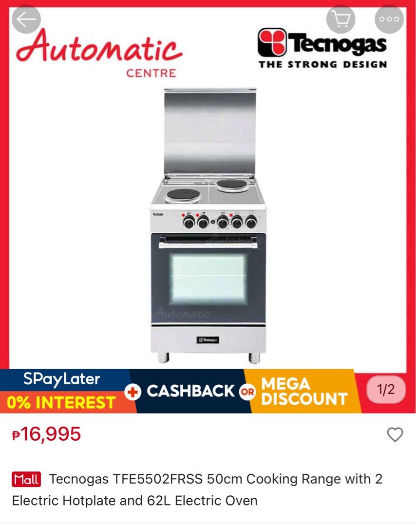 Tecnogas Cooking Range and Oven with gas Range Hood (Category: Cookware & Accessories) located in Manila. Submitted by jordanv0215 (Listing ID 1442013703, Image 3). Description: Upgrade your kitchen without paying brand-new prices! ✅ Tecnogas 50cm Cooking Range • 2 Electric Hotplates • 62L Electric Oven • Barely used and in excellent condition ✅ Tecnogas 50cm Range Hood • Still unopened in the box • Never installed 💰 Take BOTH for only ₱16,000! 
