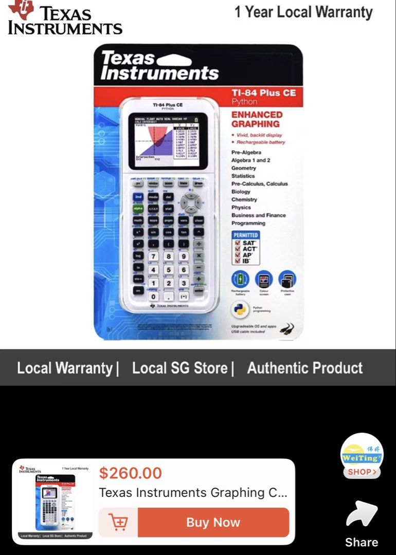TI 84 plus CE python (Category: Assessment Books) located in Singapore. Submitted by the.kuruma.shop (Listing ID 1442027963, Image 1). Description: Perfect in mint condition. Actual Retail Price = $260.