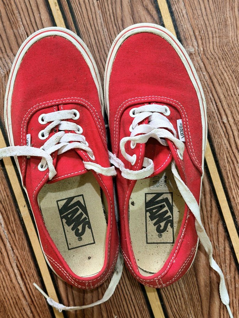 Vans Authentic Red Women's Size 5 (Category: Sneakers) located in Pasay City. Submitted by jplngrsp (Listing ID 1442116818, Image 2). Description: - Red Vans Authentic Shoes - Women's Size 5 - Pre-loved condition with dust from storage - Soles show slight discoloration - Laces are a bit frayed - Perfect for daily wear with a good cleaning.