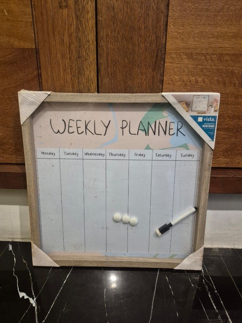 Vista Planner Weekly Whiteboard with Marker and Magnets (Category: Stationery & School Supplies) located in Taguig. Submitted by firesale123 (Listing ID 1441987809, Image 1). Description: - Wooden framed weekly planner whiteboard - Perfect for organizing your week - Comes with a marker and magnets - Easy to hang on the wall - Suitable for home or office use - Helps you keep track of schedules and tasks Issue: - Despite not used nor opened the bac