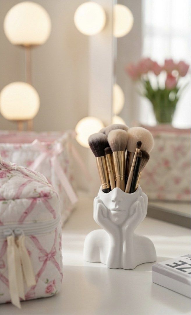 White Face Sculpture Makeup Brush Holder Organizer (Category: Makeup) located in Manila. Submitted by kellemirah (Listing ID 1442148388, Image 1). Description: Size: (11.5cm x 12cm) - Unique white sculpture makeup brush holder. - Shaped like a face with hands. - Ideal for organizing makeup brushes on your vanity. - Adds a decorative touch to your dressing table. - Perfect for makeup lovers..