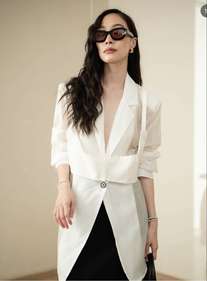 White Sheer Oversized Blazer with Detachable Bralette (Category: Coats, Jackets and Outerwear) located in Pasig City. Submitted by atbp__ (Listing ID 1441993937, Image 1). Description: - White sheer oversized blazer - Includes detachable bralette - Front button closure - Adjustable ties at the back - Long sleeves with button cuffs - Versatile for layering over dresses or tops - Unique and stylish design.