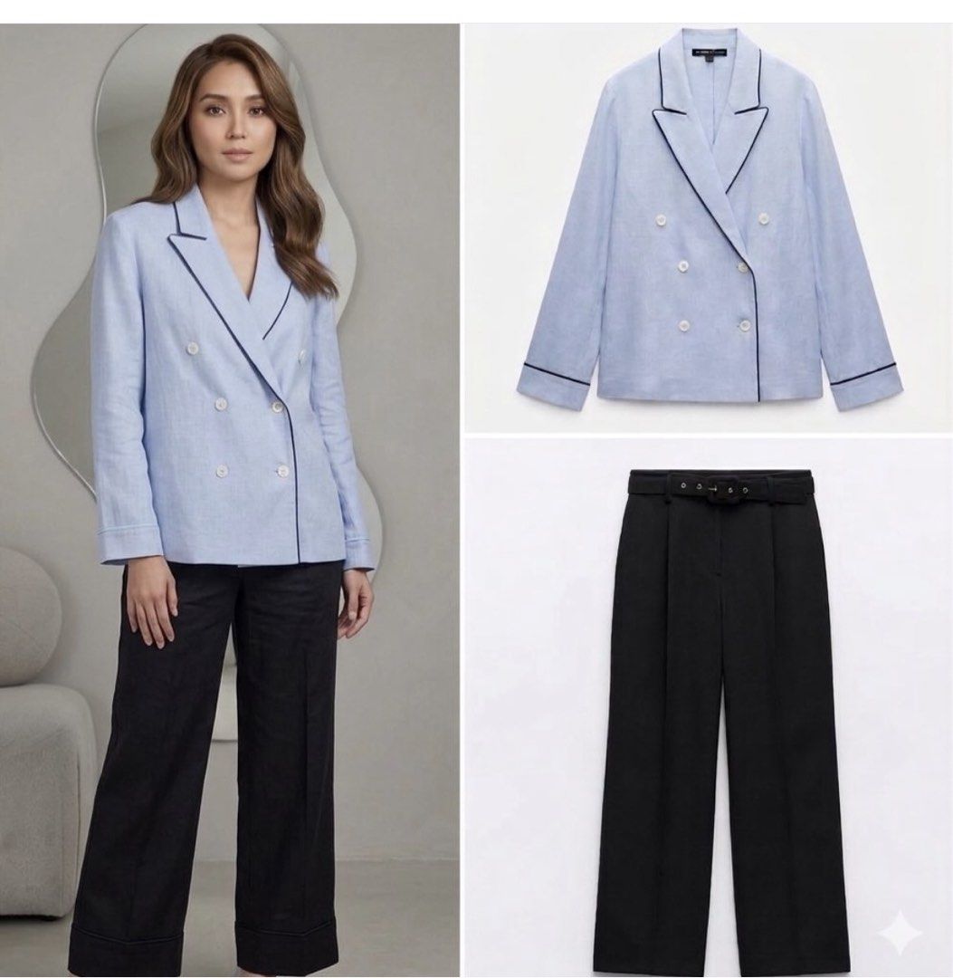 Zara set Light Blue Double-Breasted Blazer & Black Belted Pants Set (Category: Sets or Coordinates) located in Quezon City. Submitted by classychicph92 (Listing ID 1442098892, Image 1). Description: - Zara light blue linen-blend double-breasted blazer - Navy piping detail on blazer - Zara high-waisted black wide-leg trousers - Matching fabric belt and pleats on trousers - Perfect for smart casual or dressed-up looks.