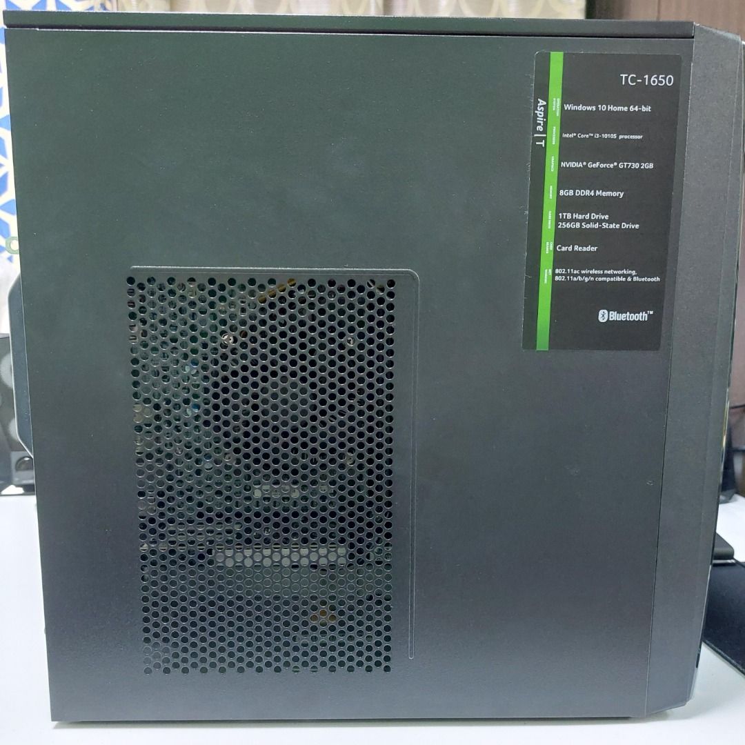 Acer Aspire TC-1650 Desktop PC (Category: Desktops) located in Pasig City. Submitted by keithra (Listing ID 1442343378, Image 1). Description: Acer Aspire TC-1650 Desktop Computer Processor: Intel Core i3-10105 Memory (RAM): 8GB DDR4 Graphics: NVIDIA GeForce GT 730 (2GB) Operating System: Windows 11 Home Storage: 1TB HDD + 256GB SSD Connectivity: Built-in Wi-Fi and Bluetooth Ideal for everyday computing and general use Central Unit ONLY! Bought i