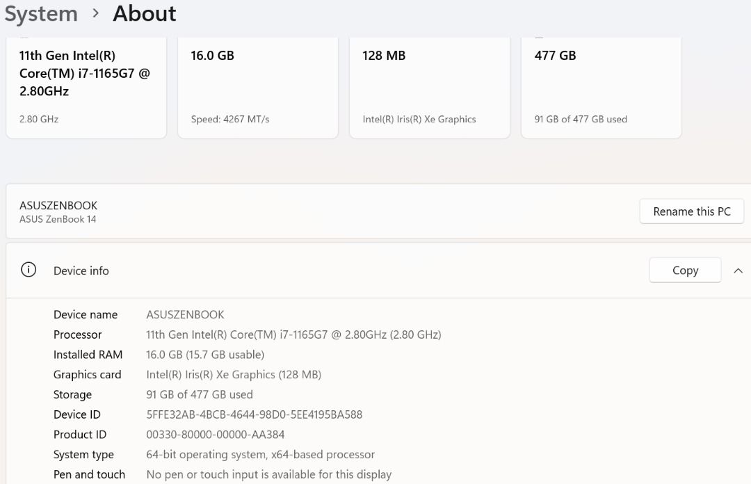 ASUS Zenbook 14 Laptop - 11th Gen Intel i7, 16GB RAM, 512GB SSD