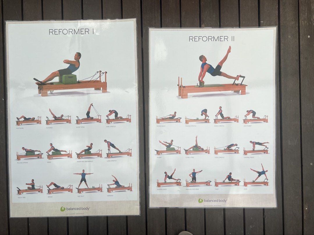 Balanced Body Reformer I & II Pilates Exercise Posters (Category: Other Sports Equipment and Supplies) located in Singapore. Submitted by fashion4word (Listing ID 1442214346, Image 1). Description: - Selling 2 Balanced Body Pilates Reformer exercise posters. - Laminated. - Includes Reformer I and Reformer II posters. - Features various exercises for each reformer. - Excellent visual guides for your Pilates practice. - Perfect for home gyms or stu