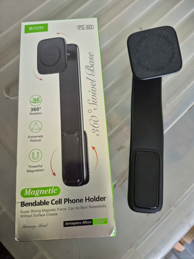 BAVIN Magnetic Bendable Cell Phone Holder PS-60 (Category: Cases & Sleeves) located in Valenzuela. Submitted by pappx (Listing ID 1442213499, Image 1). Description: - Secure your phone on the go with this magnetic car holder. - Features a flexible, bendable arm for perfect positioning. - Enjoy 360-degree rotation for any viewing angle. - Powerful magnet ensures your phone stays put, even on bumpy roads. - Simple installation with strong adhesive 