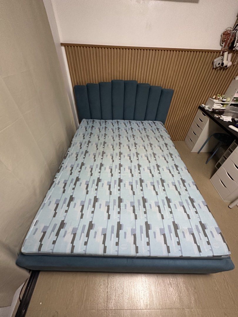 RUSH!!! Bed Frame with Full Double Mattress (Category: Bed Frames & Mattresses) located in Paranaque City. Submitted by spritzedph (Listing ID 1442222073, Image 2). Description: - Teal upholstered bed frame (151 cm by 204 cm) - With headboard - Can be disassembled before pickup - Platform Bed Design - Sturdy wooden slats for reliable support - Full Double Uratex Mattress included Negotiable for sure buyers For pickup only.
