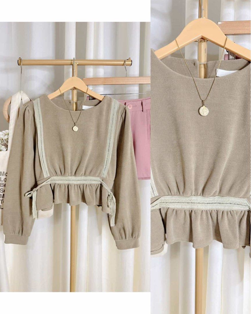 Brown Peplum Top with Lace Trim (Category: Coats, Jackets and Outerwear) located in Quezon City. Submitted by venusdeclutters (Listing ID 1442278127, Image 1). Description: corduroy peplum top 🤎.