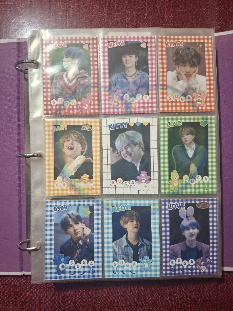 BTS Suga AE-ONG Photocards Binder with Sleeve (Category: K-Wave Merchandise) located in Taytay. Submitted by armyborahe21 (Listing ID 1442175348, Image 2). Description: - Purple AE-ONG binder with Suga photo on front - Includes 9 Suga photocards in sleeves - Ring mechanism for easy page turning - Ideal for any Suga fan's collection storage.