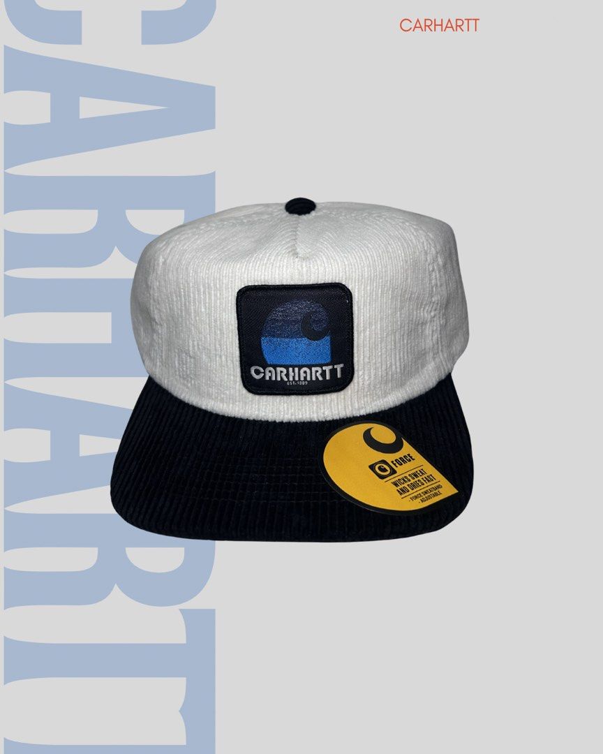 Carhartt Corduroy Cap White/Black (Category: Caps & Hats) located in Paranaque City. Submitted by username300 (Listing ID 1442249041, Image 1). Description: - White corduroy cap - Black brim - Classic Carhartt logo patch on front - Yellow tag attached - Adjustable strap at the back - Ideal for everyday wear.