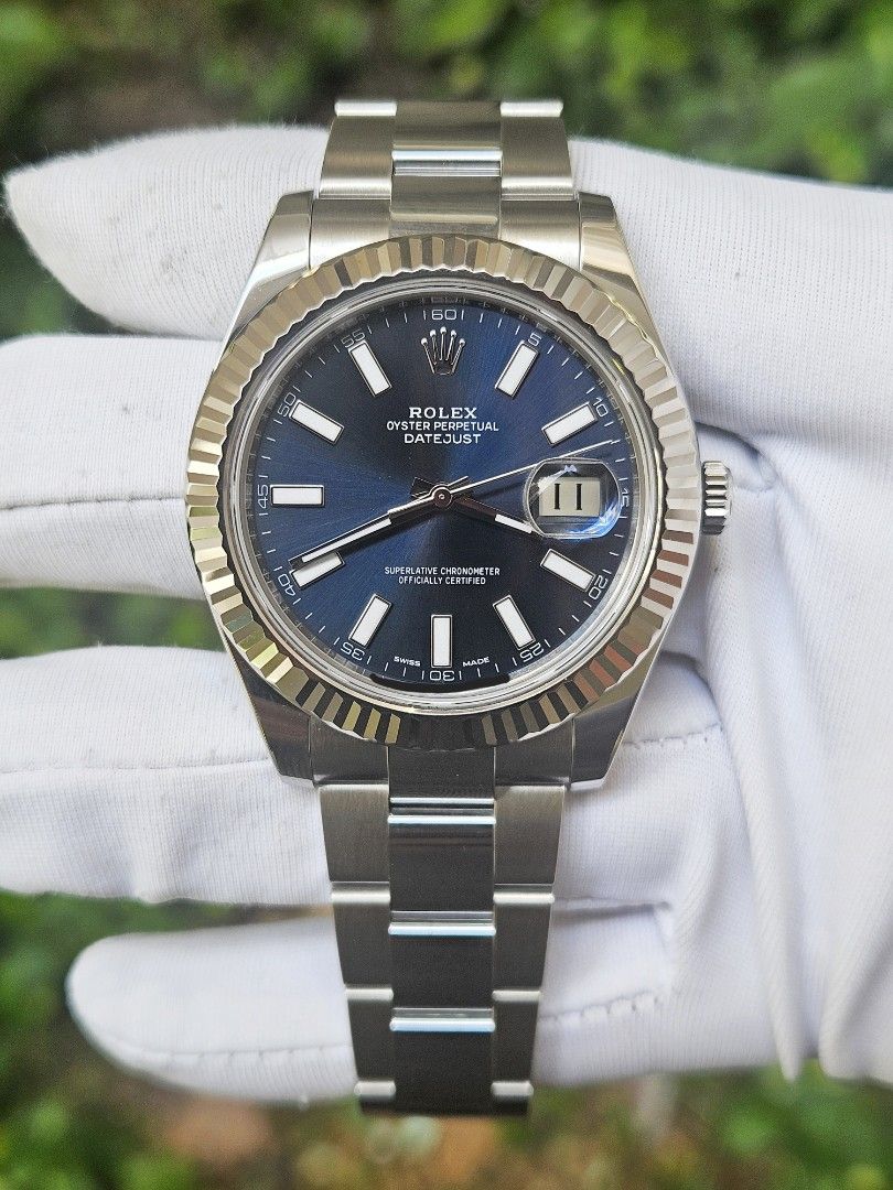 *Cheap Sales* Rolex Men Size Steel Datejust II Blue Dial 41mm Ref. 116334 (Category: Watches) located in Singapore. Submitted by 2am.watches (Listing ID 1442321733, Image 2). Description: 🤙 All watches come with 6 months in-house movement warranty 🤙 •Condition of watch: 9.8/10 (Pristine and mint condition with no dings no dents!) •41mm case diameter with 18k solid white gold fluted bezel, sapphire crystal glass with Rolex etching crown at 6 o'c