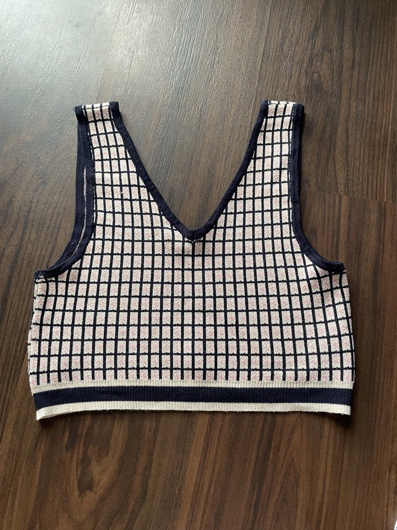 Checkerboard Knit Crop Top with Navy Trim (Category: Others Tops) located in Quezon City. Submitted by andreaaa_______ (Listing ID 1442186340, Image 1). Description: - Cute checkerboard knit crop top - V-neck design - Navy trim on neckline, armholes, and hem - Slightly textured knit fabric - Versatile for layering or wearing on its own stretchy material free size but measurements in photos.