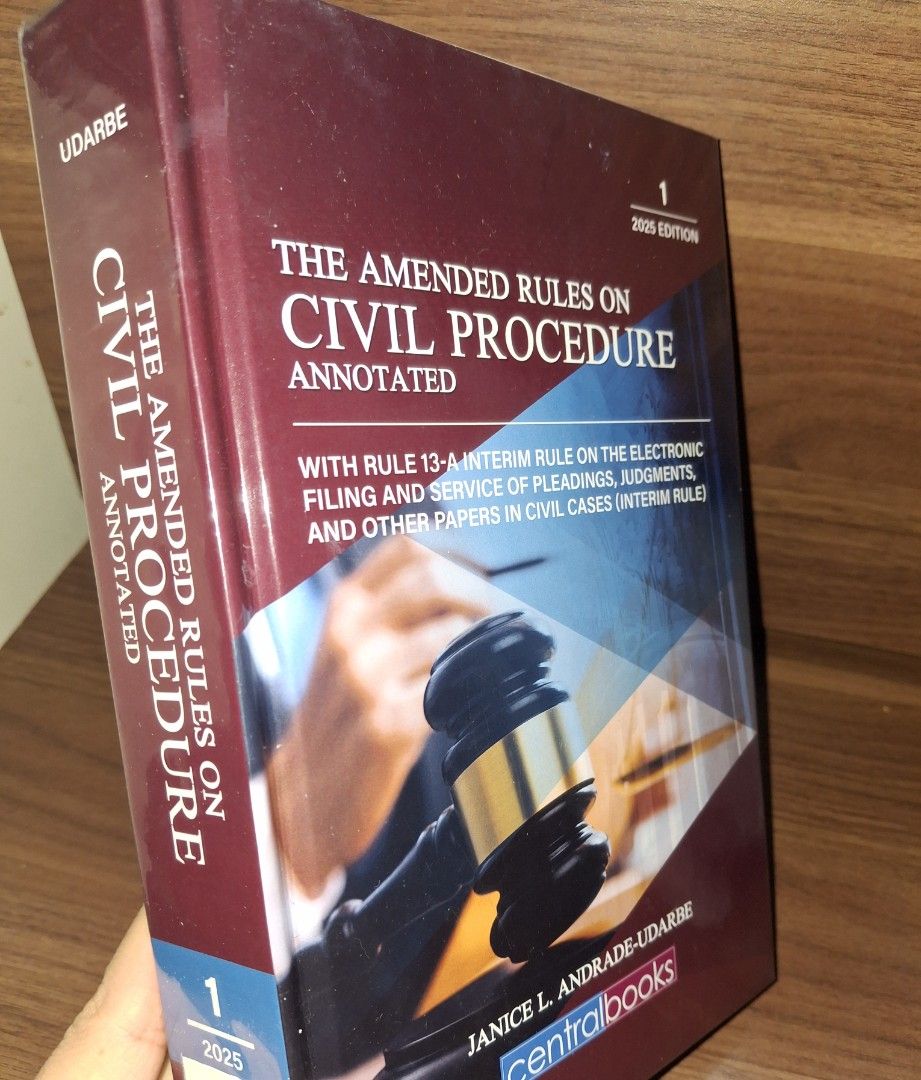 Civil Procedure Vol. 1 by Udarbe (2025) (Category: Textbooks) located in Taguig. Submitted by treasure_junkie (Listing ID 1442159792, Image 1). Description: - Amended Rules on Civil Procedure Annotated - 2025 Edition - Volume 1 - Author: Janice L. Andrade-Udarbe - Publisher: Central Book Supply, Inc..