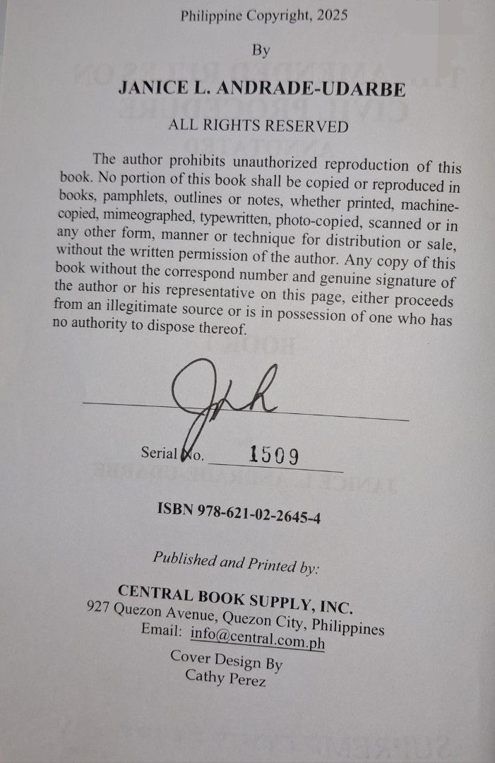 Civil Procedure Vol. 1 by Udarbe (2025) (Category: Textbooks) located in Taguig. Submitted by treasure_junkie (Listing ID 1442159792, Image 2). Description: - Amended Rules on Civil Procedure Annotated - 2025 Edition - Volume 1 - Author: Janice L. Andrade-Udarbe - Publisher: Central Book Supply, Inc..