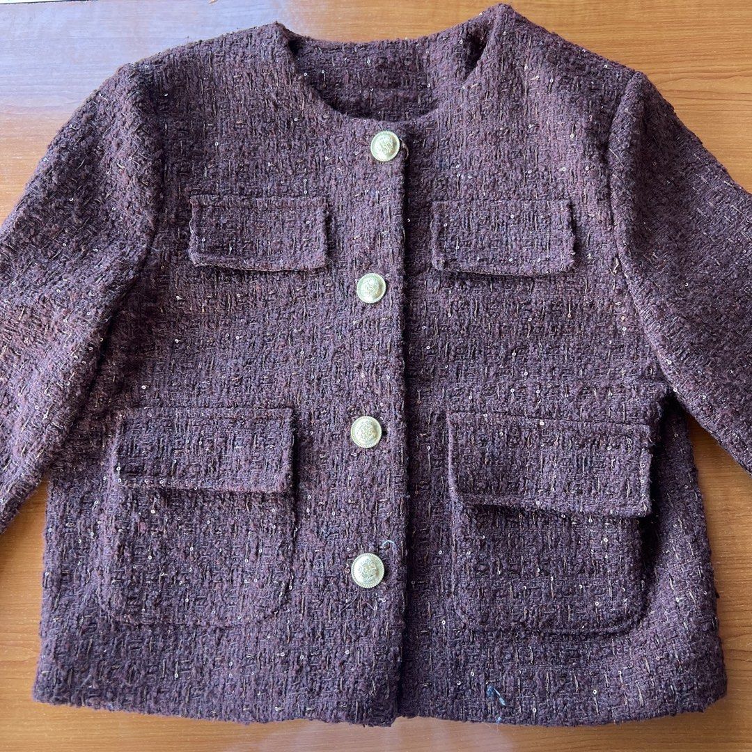 Dark Brown Tweed Cropped Jacket with Gold Buttons (Category: Coats, Jackets and Outerwear) located in Pasay City. Submitted by angeeeende_ (Listing ID 1442203491, Image 2). Description: details: 🩷 rich dark brown textured tweed fabric 🩷 subtle sequin embellishments for a touch of sparkle 🩷 round neckline 🩷 gold-tone buttons, with pockets 🩷 perfect for office wear, formal events, dinners, or elevating everyday outfits 🩷 easy to style with dr