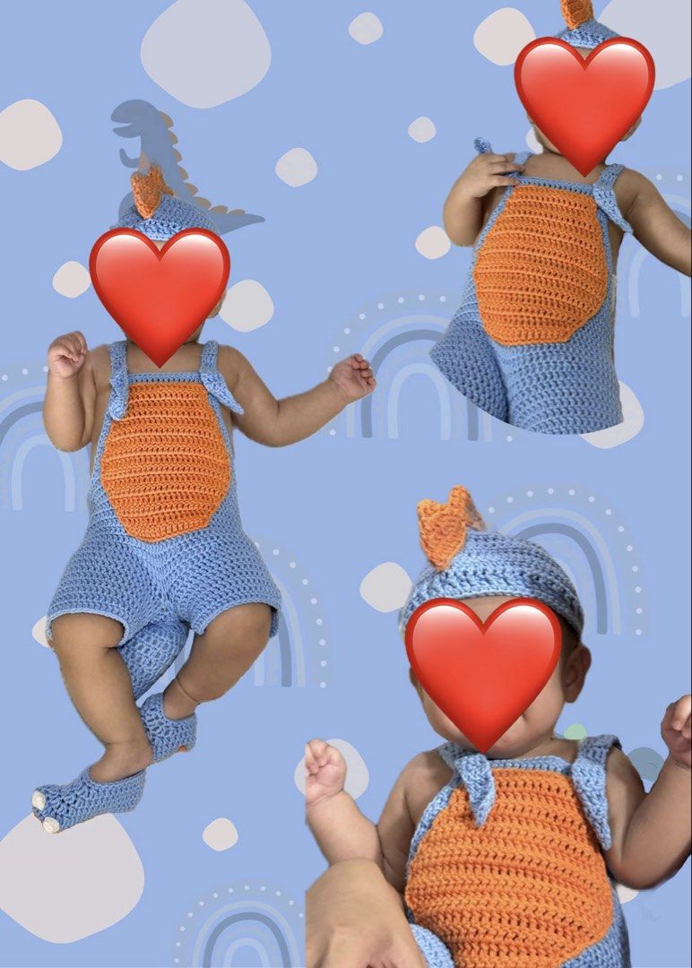 Dinosaur Theme Crochet Baby Outfit (Category: Babies & Kids Fashion) located in Manila. Submitted by anj0910 (Listing ID 1442289262, Image 3). Description: Once used for monthly milestone picture. Original price is ₱1,000. Rfs: di na magagamit 📍Taytay, Rizal.