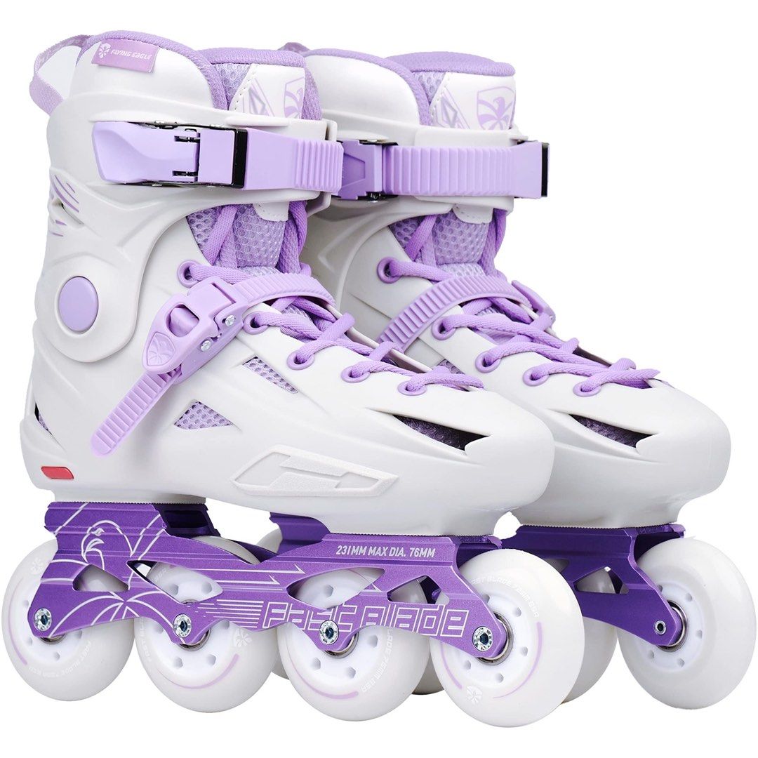 Flying Eagle FBS+ Avian Urban Inline Skates/Rollerblades (Category: Skates, Rollerblades & Scooters) located in Claveria. Submitted by korielakkuma (Listing ID 1442315967, Image 3). Description: - Brand: Flying Eagle - Size: 39 -41 - Model: Urban Inline Skates - Color: White with purple accents - Skill Level: Intermediate and above - Usage: City skating - Gender: Unisex (based on men's sizing).