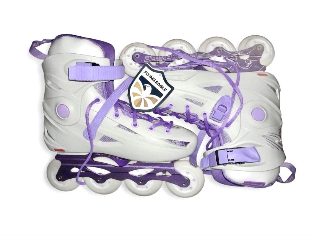 Flying Eagle FBS+ Avian Urban Inline Skates/Rollerblades (Category: Skates, Rollerblades & Scooters) located in Claveria. Submitted by korielakkuma (Listing ID 1442315967, Image 2). Description: - Brand: Flying Eagle - Size: 39 -41 - Model: Urban Inline Skates - Color: White with purple accents - Skill Level: Intermediate and above - Usage: City skating - Gender: Unisex (based on men's sizing).