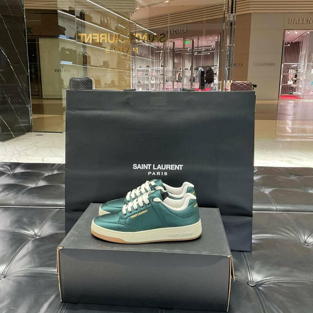 FOR SALE! RFS-NEED FUNDS (Category: Sneakers & Footwear) located in Mandaluyong City. Submitted by nelly_00 (Listing ID 1442225269, Image 2). Description: AUTHENTIC YSL SL61 LOW TOP SNEAKERS SIZE 37(EURO) GREEN SATIN MATERIAL MADE IN ITALY WITH EXTRA SHOE LACE,CARE CARD AND BOX.