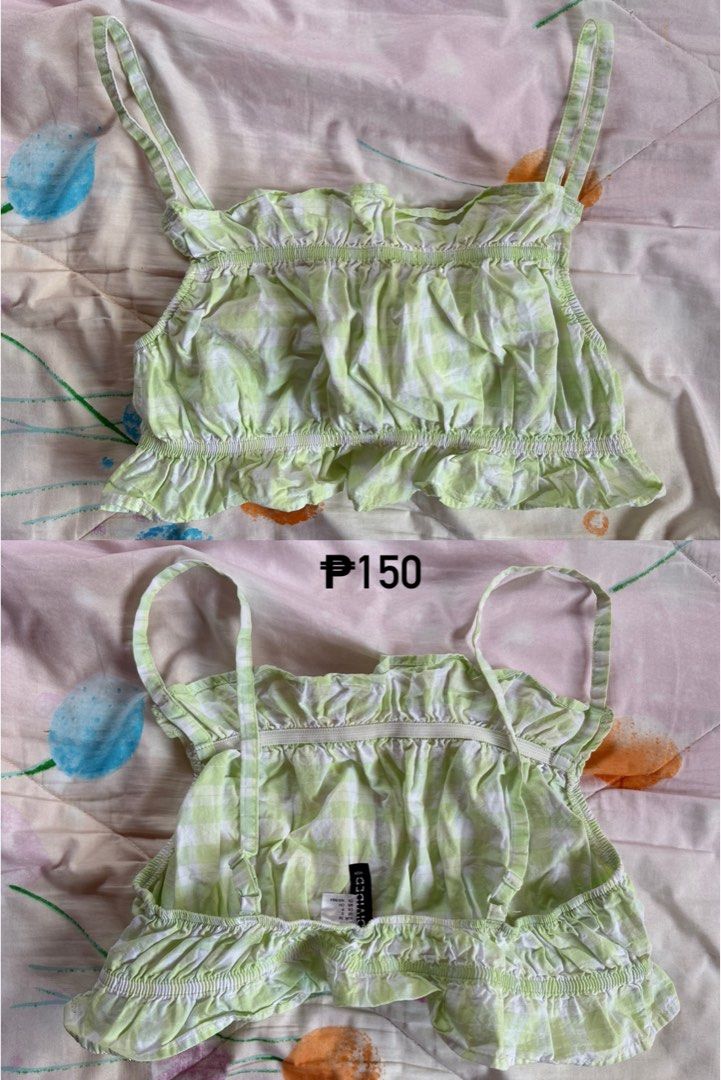 H&M Green Gingham Smocked Crop Top (Category: Sleeveless) located in Manila. Submitted by _foryou (Listing ID 1442178475, Image 1). Description: - Cute green gingham smocked crop top - Brand: H&M - Features ruffled hem - Adjustable straps for a perfect fit - Versatile for casual wear or layering - Easy to pair with shorts or skirts - Price is firm.