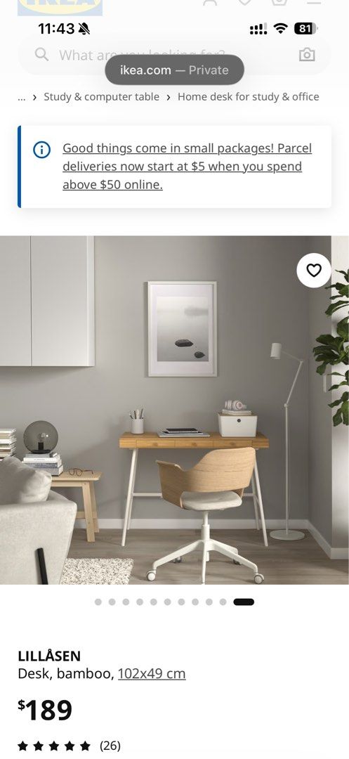 IKEA Study Table (Category: Tables & Sets) located in Singapore. Submitted by divya2000 (Listing ID 1442183265, Image 1). Description: ORIGINAL PRICE: $189 Material Table top: Bamboo, Clear acrylic lacquer, Fibreboard Drawer side/ Drawer back/ Drawer front: Bamboo, Clear acrylic lacquer Drawer bottom: Fibreboard, Melamine foil, Melamine foil Underframe: Steel, Epoxy/polyester powder coating Care Wipe clean with a cloth dampened in a mild cleaner.
