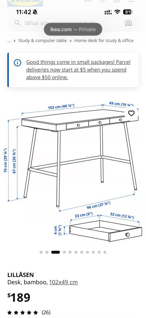 IKEA Study Table (Category: Tables & Sets) located in Singapore. Submitted by divya2000 (Listing ID 1442183265, Image 2). Description: ORIGINAL PRICE: $189 Material Table top: Bamboo, Clear acrylic lacquer, Fibreboard Drawer side/ Drawer back/ Drawer front: Bamboo, Clear acrylic lacquer Drawer bottom: Fibreboard, Melamine foil, Melamine foil Underframe: Steel, Epoxy/polyester powder coating Care Wipe clean with a cloth dampened in a mild cleaner.