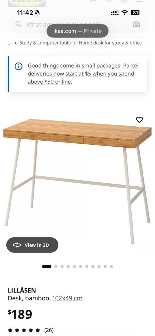 IKEA Study Table (Category: Tables & Sets) located in Singapore. Submitted by divya2000 (Listing ID 1442183265, Image 3). Description: ORIGINAL PRICE: $189 Material Table top: Bamboo, Clear acrylic lacquer, Fibreboard Drawer side/ Drawer back/ Drawer front: Bamboo, Clear acrylic lacquer Drawer bottom: Fibreboard, Melamine foil, Melamine foil Underframe: Steel, Epoxy/polyester powder coating Care Wipe clean with a cloth dampened in a mild cleaner.
