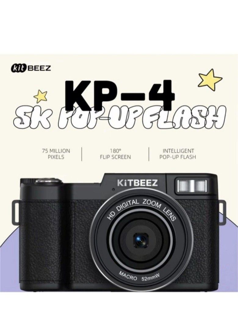 Kitbeez KP-4 Digital Camera with 75MP, Flip Screen, 5K Video (Category: Cameras) located in Manila. Submitted by wildphoenix-f5cc01 (Listing ID 1442164098, Image 1). Description: - Kitbeez KP-4 Digital Camera - 75 Million Pixels for high-quality photos - 5K HD Recording for crisp video - 180-degree Flip Screen for easy selfies and vlogging - Anti-Shake function for steady shots - Built-in Filters for creative effects - Intelligent Pop-up Flash fo