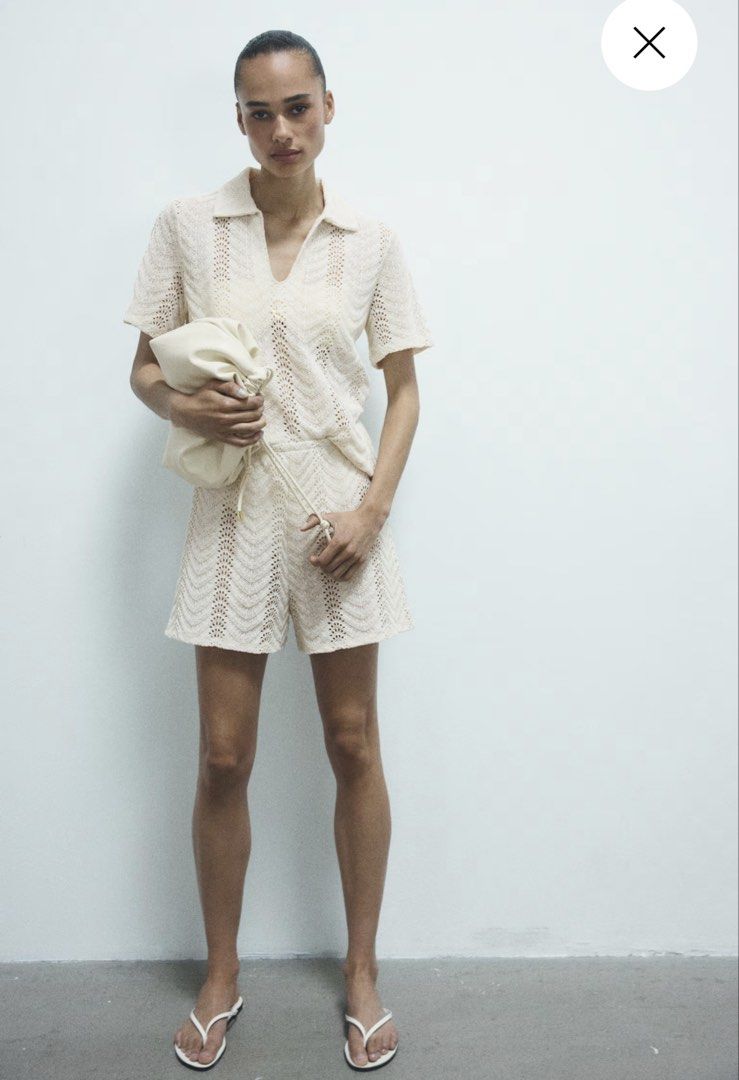 Knit coords (set) (Category: Sets or Coordinates) located in Manila. Submitted by paperthread (Listing ID 1442318816, Image 2). Description: - Super cute cream crochet knit set - Features a polo collar top - Includes matching shorts - Ideal for beach days or lounging - Lightweight and breathable material - Versatile: wear together or separately.