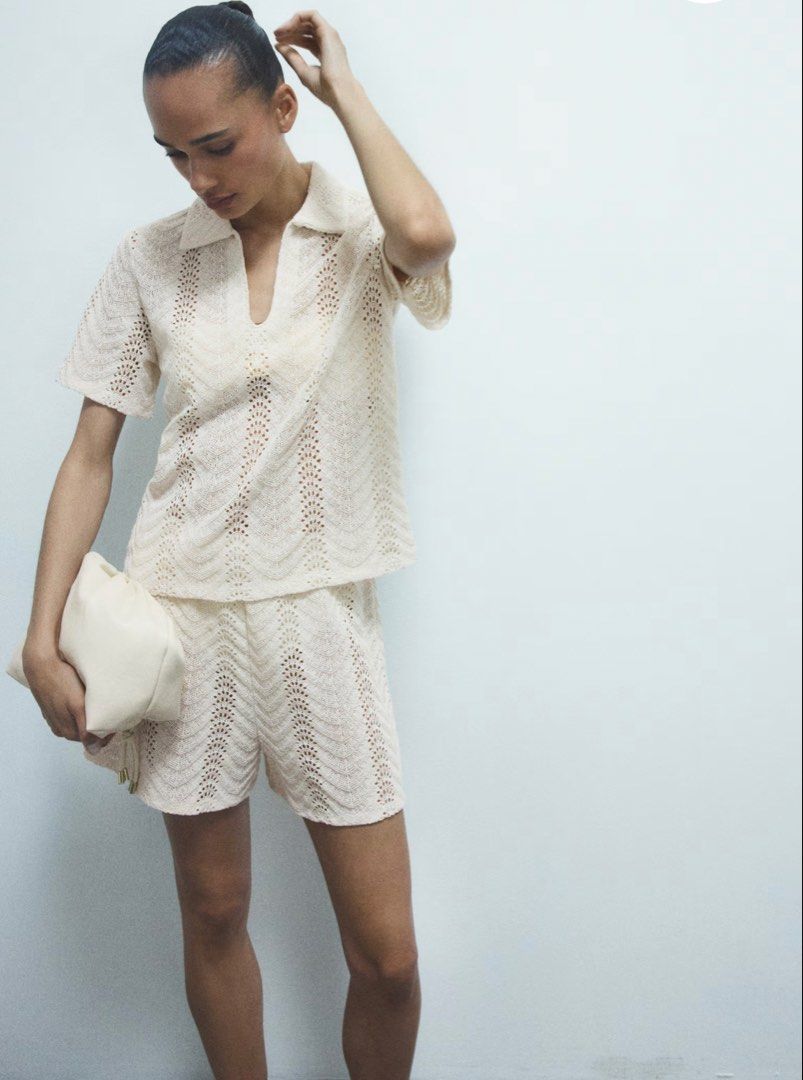 Knit coords (set) (Category: Sets or Coordinates) located in Manila. Submitted by paperthread (Listing ID 1442318816, Image 1). Description: - Super cute cream crochet knit set - Features a polo collar top - Includes matching shorts - Ideal for beach days or lounging - Lightweight and breathable material - Versatile: wear together or separately.