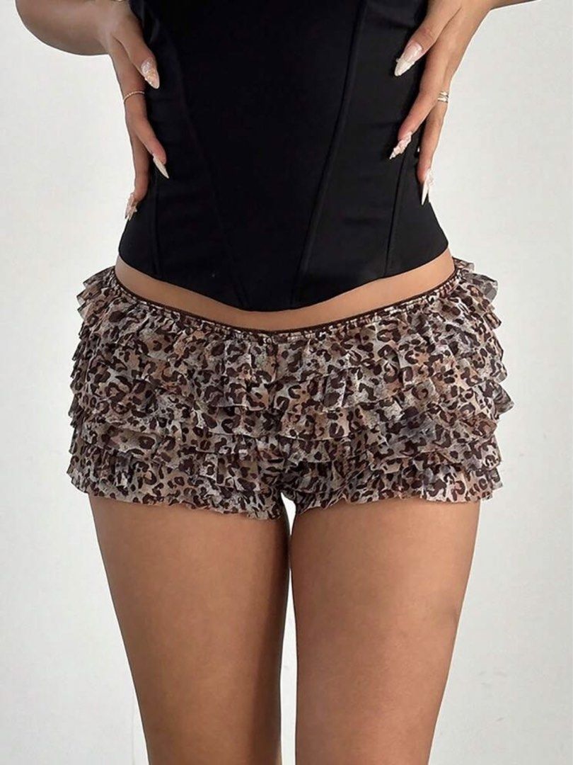 Leopard Print Mesh Layered Ruffle Mini Shorts (Category: Shorts) located in Caloocan City. Submitted by 4kushlx (Listing ID 1442196150, Image 1). Description: Used once (for photo lang) :) Can do same day delivery via lalamove 📍Manila/South Cal..