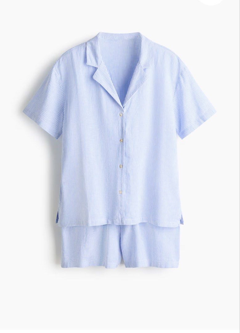 Linen-Blend Striped Pajama Set (Category: Undergarments & Loungewear) located in Manila. Submitted by paperthread (Listing ID 1442230986, Image 1). Description: - Light blue and white striped pajama set - Short-sleeved button-up top with collar - Matching shorts with drawstring waist - Made from a comfortable linen blend - Ideal for lounging at home - Original price: PHP 1,990.