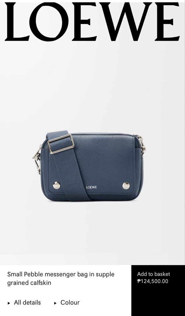 ⚜️Loewe Pebble ✦ Messenger Bag (Category: Luxury Bags & Wallets) located in Makati City. Submitted by 90sangel (Listing ID 1430209027, Image 2). Description: •Item: Loewe Pebble Messenger bag supple grained leather •Size: Small 4.9" x 7.9" •Condition: Unworn. No issue *Includes box, dustbag, cards and paperbag. Giftable! also available in black 🖤.