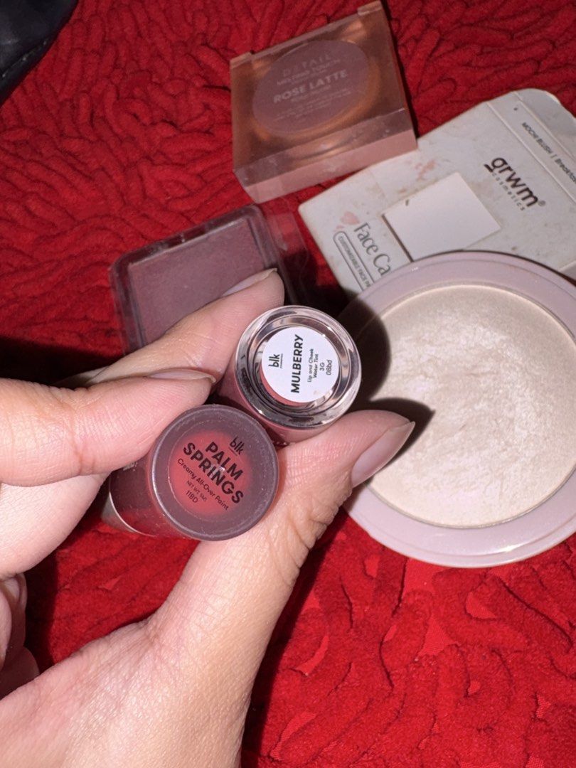 Make up bundle 2 (Category: Makeup) located in Taguig. Submitted by prelovedbydein (Listing ID 1442287648, Image 3). Description: - Bundle includes: - BLK Cosmetics Lip Tint in Mulberry - BLK creamy all over paint in palm springs - GRWM Mochi Blush in Breakfast in Bed - Detail Cosmetics Melting Touch blush in Rose Latte - Vice cosmetics universal baked setting powder - All items are in good, pre-loved condition. - TAKE ALL FOR 550, LAST PRICE IS 