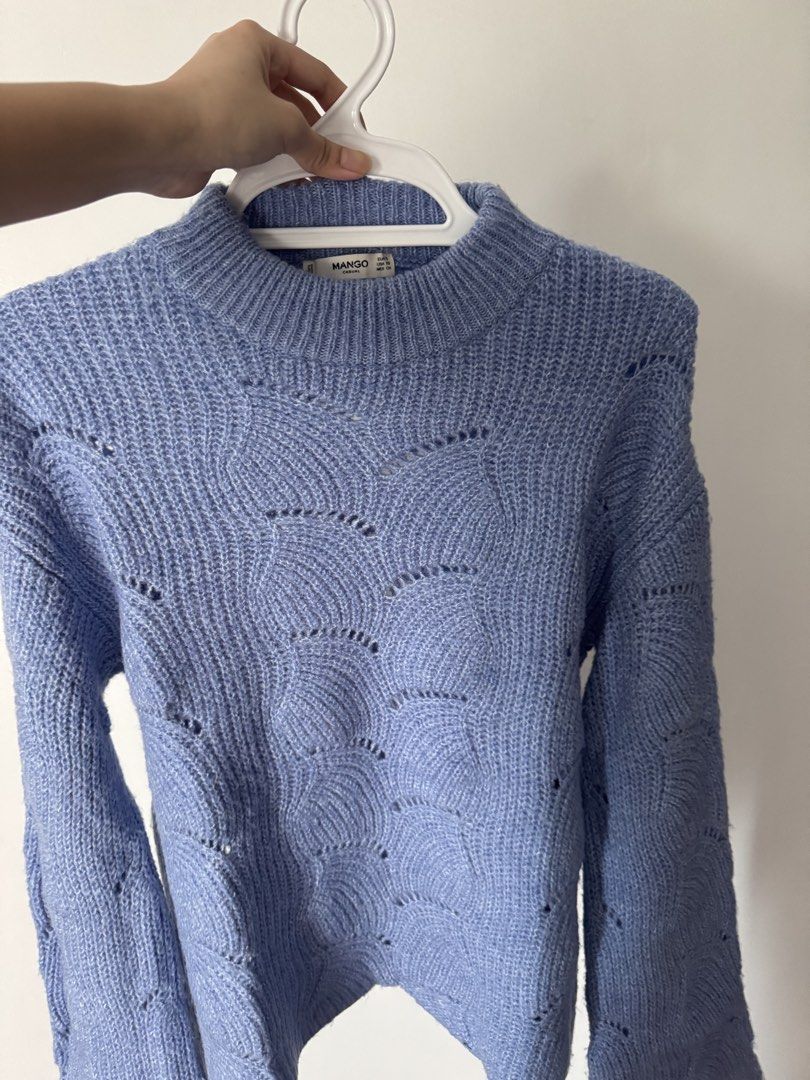 Mango Blue Knit Sweater with Scallop Pattern (Category: Coats, Jackets and Outerwear) located in Quezon City. Submitted by nbg.declutter (Listing ID 1442180056, Image 2). Description: - Stretchable; fits XS to M - Cute blue knit sweater from Mango - Unique scallop pattern with cut-outs - Long sleeves - Mock neck - Cozy and stylish, perfect for layering.