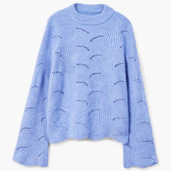Mango Blue Knit Sweater with Scallop Pattern (Category: Coats, Jackets and Outerwear) located in Quezon City. Submitted by nbg.declutter (Listing ID 1442180056, Image 1). Description: - Stretchable; fits XS to M - Cute blue knit sweater from Mango - Unique scallop pattern with cut-outs - Long sleeves - Mock neck - Cozy and stylish, perfect for layering.