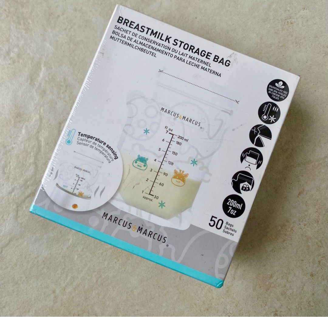 Marcus & Marcus Breastmilk Storage Bags 50pcs (Category: Breastfeeding & Bottle Feeding) located in Taguig. Submitted by awishibear (Listing ID 1442252499, Image 2). Description: Bought at 899.00 Sealed.