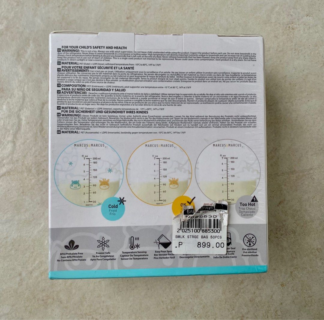 Marcus & Marcus Breastmilk Storage Bags 50pcs (Category: Breastfeeding & Bottle Feeding) located in Taguig. Submitted by awishibear (Listing ID 1442252499, Image 3). Description: Bought at 899.00 Sealed.