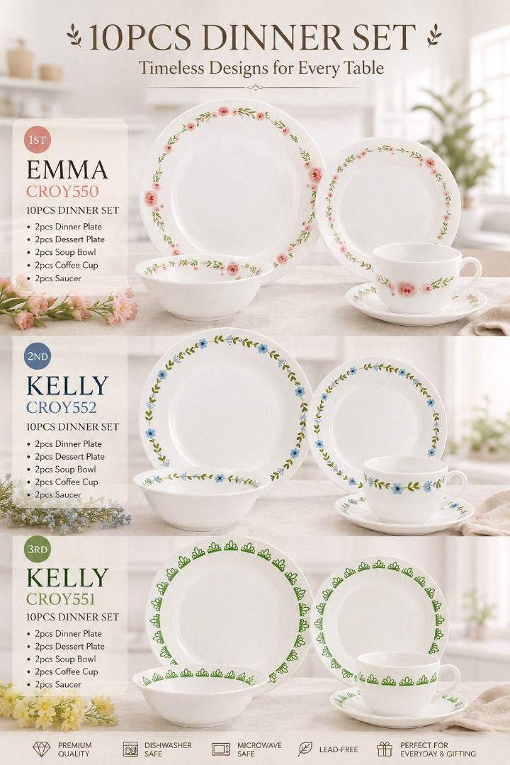 NEW ARRIVAL | 10PCS OPAL DINNER SET (Category: Dinnerware & Cutlery) located in Manila. Submitted by cartelcomnl (Listing ID 1442219282, Image 1). Description: NEW ARRIVAL | 10PCS OPAL DINNER SET 🌸 Elegant floral designs perfect for everyday dining and special occasions. Each 10PCS Dinner Set Includes: ✔ 2pcs Dinner Plate ✔ 2pcs Dessert Plate ✔ 2pcs Soup Bowl ✔ 2pcs Coffee Cup ✔ 2pcs Saucer ✅ Premium Quality, Microwave Safe, Dishwasher Safe, Per